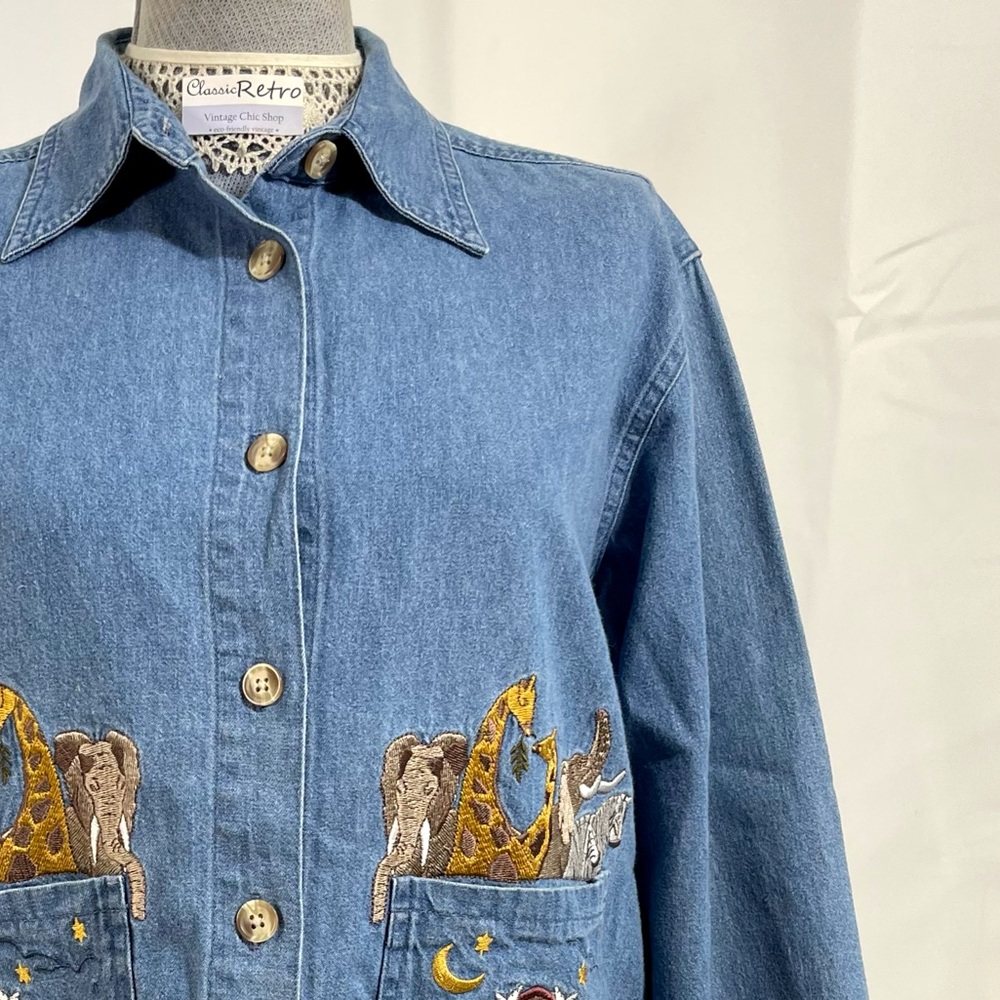 Noah's Arc embroidered Cotton denim long sleeve shirt whimsical Bible button SM